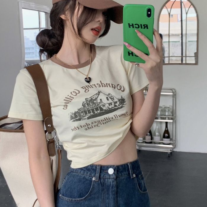 【WJZ】เสื้อยืดแขนสั้นทรงหลวมพิมพ์ลายสไตล์เกาหลีสำหรับผู้หญิง【9983】