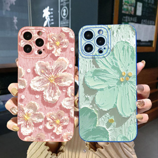 เคสโทรศัพท์มือถือ ขอบสี่เหลี่ยม ป้องกันเต็มเลนส์ ลายดอกไม้ สีเขียว สีชมพู สําหรับ Samsung Galaxy A33 A53 A73 5G A32 A52S A72 A31 A41 A71