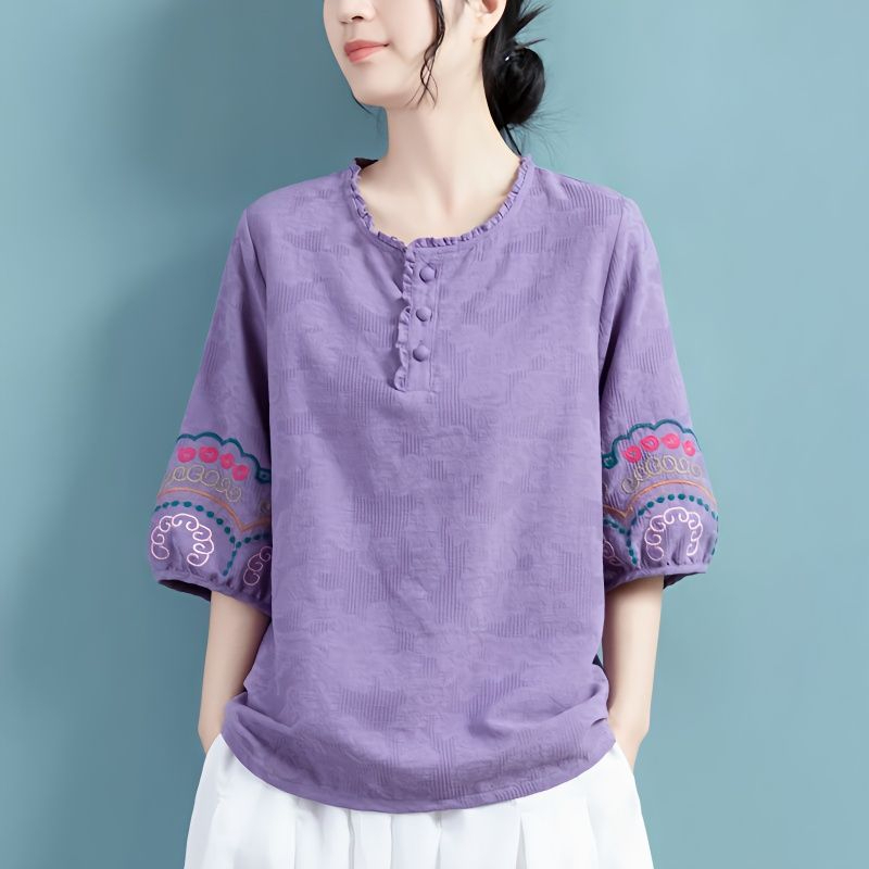 64เสื้อยืดคอกลม แขนเจ็ดส่วน ผ้าฝ้าย และผ้าลินิน ทรงหลวม ขนาดใหญ่ ระดับไฮเอนด์ สําหรับผู้หญิง