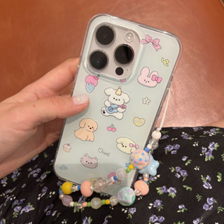 เคสโทรศัพท์มือถือ PC แข็ง ลายการ์ตูนลูกสุนัขน่ารัก สีขาว พร้อมสายโซ่ลูกปัด สําหรับ iPhone 14Pro max case 13Pro max 12Pro max 14Pro 13Pro 12Pro 11 12 13 14 case