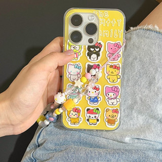 เคสโทรศัพท์มือถือ PC แบบแข็ง ลายการ์ตูนแมว KT สีเหลือง พร้อมสายโซ่ลูกปัด สําหรับ iPhone 14Pro max case 13Pro max 12Pro max 14Pro 13Pro 12Pro 11 12 13 14 case