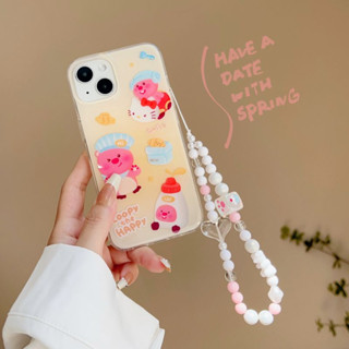 เคสโทรศัพท์มือถือ ลายการ์ตูนแมว KT น่ารัก สีชมพู พร้อมสายโซ่ลูกปัด สีขาว สําหรับ iPhone 14Pro max case 13Pro max 12Pro max 14Pro 13Pro 12Pro 11 12 13 14 case