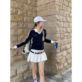 Korean POLO Collar Contrast Stripe Long Sleeve T-shirt American Retro Three Bar Top+Pleated Skirt