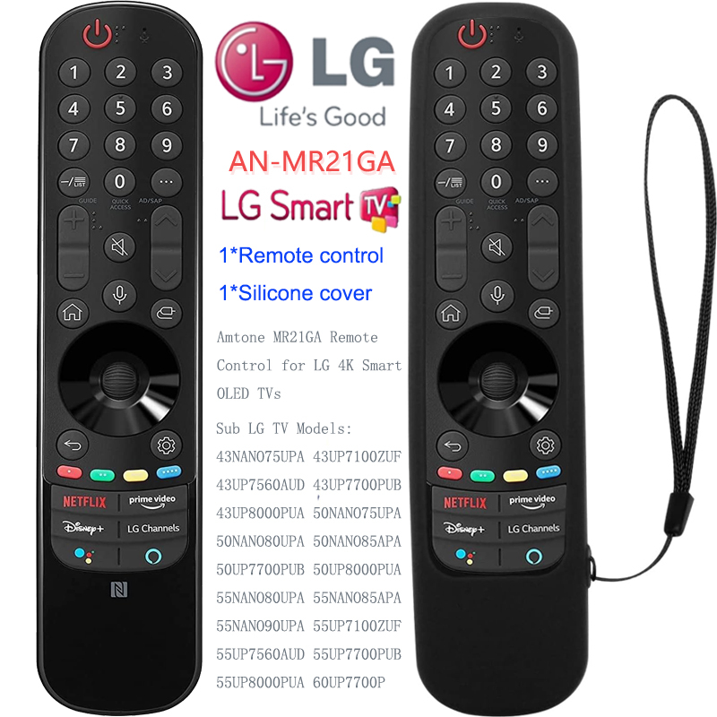 Yosun AN-MR21GA รีโมตคอนโทรล แบบเปลี่ยน สําหรับสมาร์ททีวี LG (พร้อมฝาครอบสีดํา) 43NANO 50UP 65NANO 86NANO OLED Series พร้อม Netflix PrimeVideo Keys [ไม่มีฟังก์ชั่นตัวชี้เสียง]