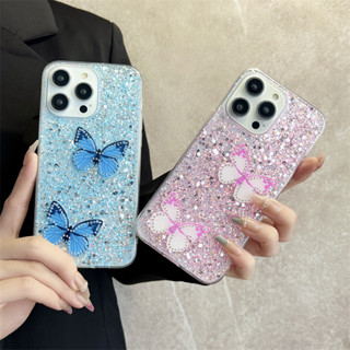 เคสโทรศัพท์มือถืออีพ็อกซี่ TPU ประดับเลื่อมคริสตัล ผีเสื้อ สําหรับ iPhone 15 11 12 13 14 Pro Max XR X XS 8 7Plus