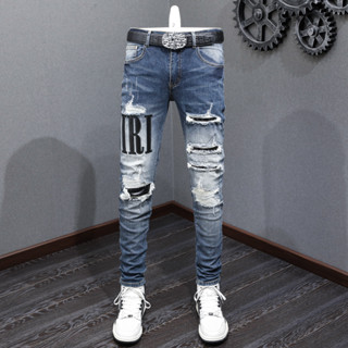 High Street Amiri Fashion Retro Men Jeans Dark Blue Tight Panel Patch Print High Quality Trendy Men Vintage Denim Pants