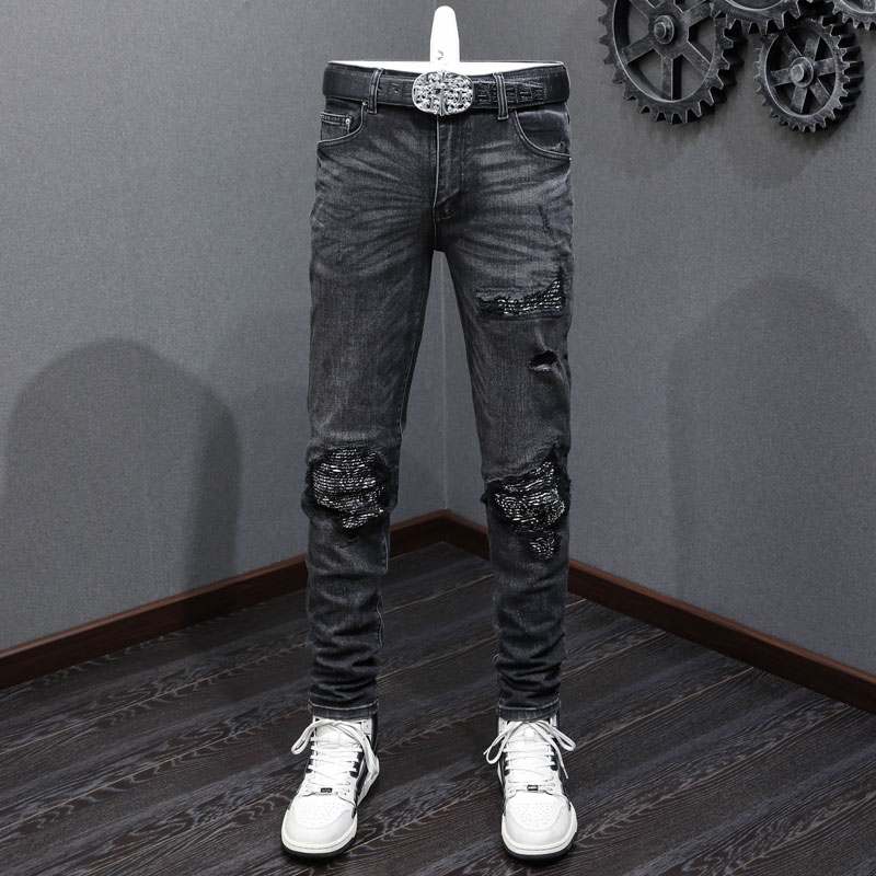 Street Fashion AMIRI Men Jeans Vintage Black Grey Cashew Flower Patch Hip Hop Trend Men Vintage Jean