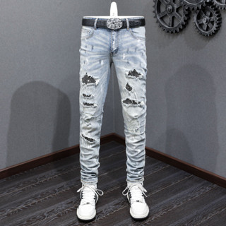 High Street AMIRI Fashion Men Jeans Blue Vintage Slim Fit Beaded Decoration Hip Hop Style Trendy Men Jeans