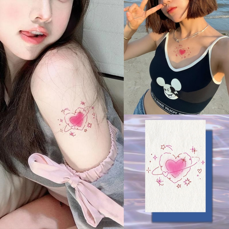Pink Milky Way สติกเกอร์รอยสักชั่วคราว ลายหัวใจ กันน้ํา ติดทนนาน 7 วัน