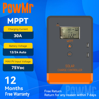 PowMr MPPT 30A Solar Charger Controller 12V 24V Auto ควบคุมพลังงานแสงอาทิตย์ MAX PV Input 75Voc LCD Display 2 USB ports Free Warranty