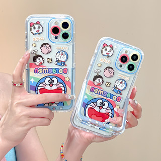 เคสโทรศัพท์มือถือ แบบใส ป้องกันกล้อง พับได้ ลายการ์ตูนโดราเอมอน พร้อมขาตั้ง สําหรับ iPhone 14 13 12 11 Pro Max