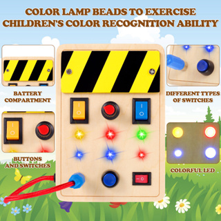 [ready stock] Montessori บอร์ดสวิตช์ไฟ LED ของเล่นไม้ แบบพกพา พร้อมปุ่มไฟ LED สําหรับเด็กวัยหัดเดิน