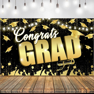 ธงแบนเนอร์ ลาย Congrats Grad Backdrop สีดํา และสีทอง ขนาด 7x5 ฟุต สําหรับตกแต่ง