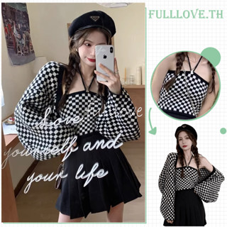 Fulllove  ชุดเซ็ต เสื้อสายเดี่ยว+เสื้อคลุมไหมพรม ลายตารางสีพาสเทล  crop top