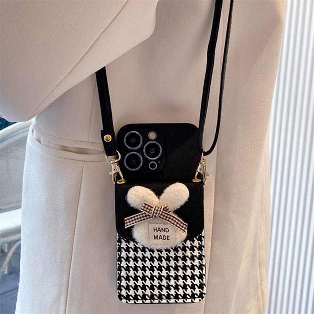 เคสโทรศัพท์มือถือ ผ้ากํามะหยี่ขนนิ่ม ลายกระต่ายน่ารัก 3D พร้อมสายสะพาย และช่องใส่บัตร สําหรับ iPhone 14 13 12 Pro Max 11 XR XS X 7 8 Plus SE