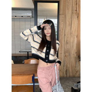 Contrast Stripe Soft Glutinous Sweater Cardigan Coat Womens Autumn and Winter Slouchy Knitted Top