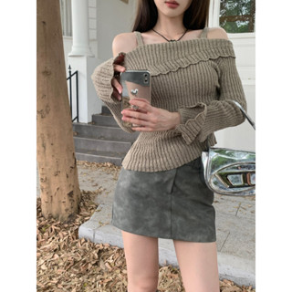 Trash style Korean version slim fitting large lapel knit top+distressed leather skirt half skirt set