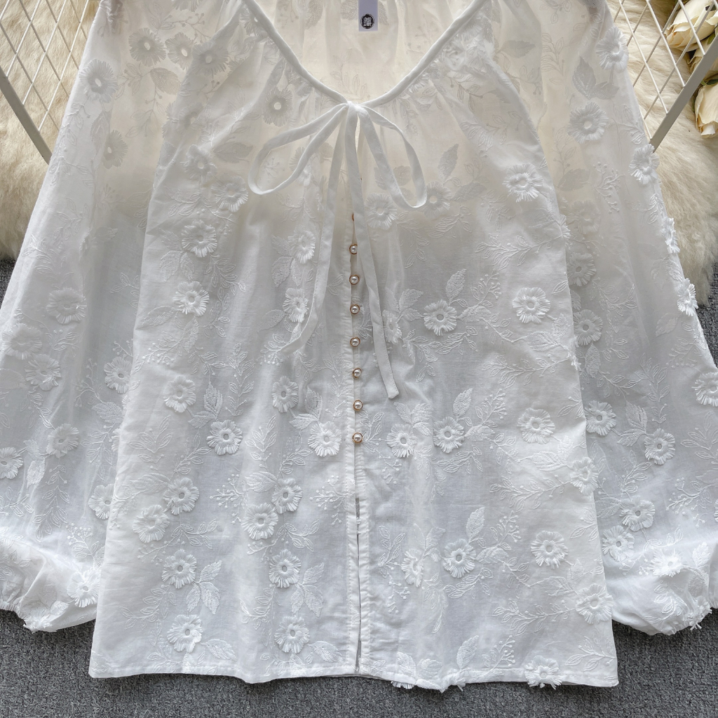 เสื้อเชิ้ตแขนยาว ทรงหลวม ปักลายดอกไม้ สไตล์เกาหลี สําหรับผู้หญิง พร้อมส่ง - รูปที่ 2