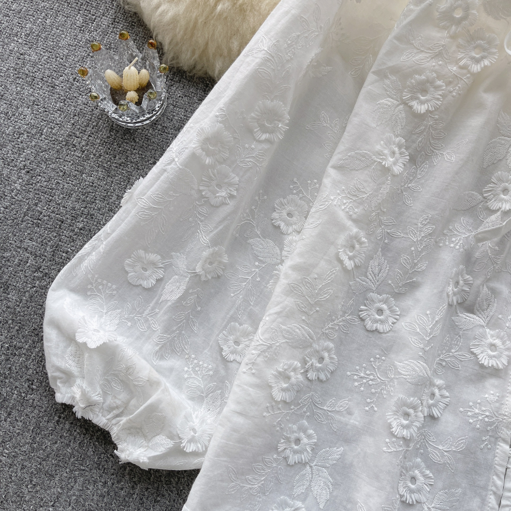 เสื้อเชิ้ตแขนยาว ทรงหลวม ปักลายดอกไม้ สไตล์เกาหลี สําหรับผู้หญิง พร้อมส่ง - รูปที่ 3