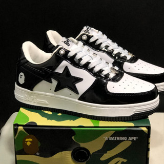 ((จัดส่งในวันเดียวกัน) Bape Sta รองเท้าผ้าใบลําลอง ข้อสั้น แบบหนัง สีขาว สีดํา