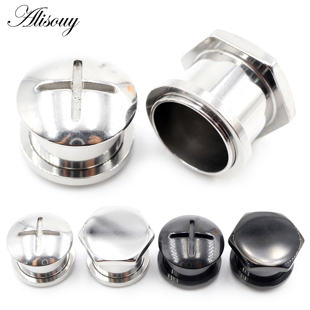 Alisouy 2 ชิ้นสแตนเลสสกรูหมวก Nut Cross รอบหูวัดอุโมงค์ปลั๊ก Expander Stretcher ต่างหูเจาะเครื่องประดับ