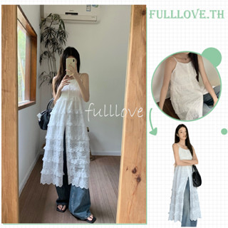 Fulllove เสื้อสายเดี่ยวยาว คอวี สายสปาเก็ตตี้ ผ่าข้าง สีขาว แฟชั่นฤดูร้อน สําหรับผู้หญิง ปาร์ตี้ คลับ