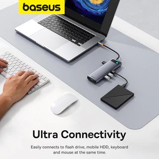 Baseus Metal Gleam 11-in-1 USB-C HUB สายต่อพอร์ต 4K@60Hz HDMI, VGA, RJ45 Gigabit, PD100W, 3xUSB 3.0, SD/TF Card Reader สีเทาเข้ม