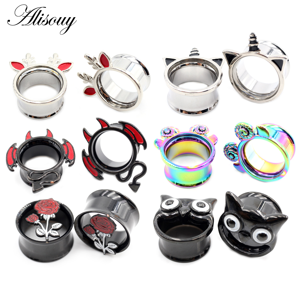 Alisouy 2 ชิ้นสแตนเลสนิ้วมือดอกไม้นกฮูกค้างคาวหูอุโมงค์ปลั๊กเนื้อ Expander Stretchers วัดต่างหูเจาะเครื่องประดับ