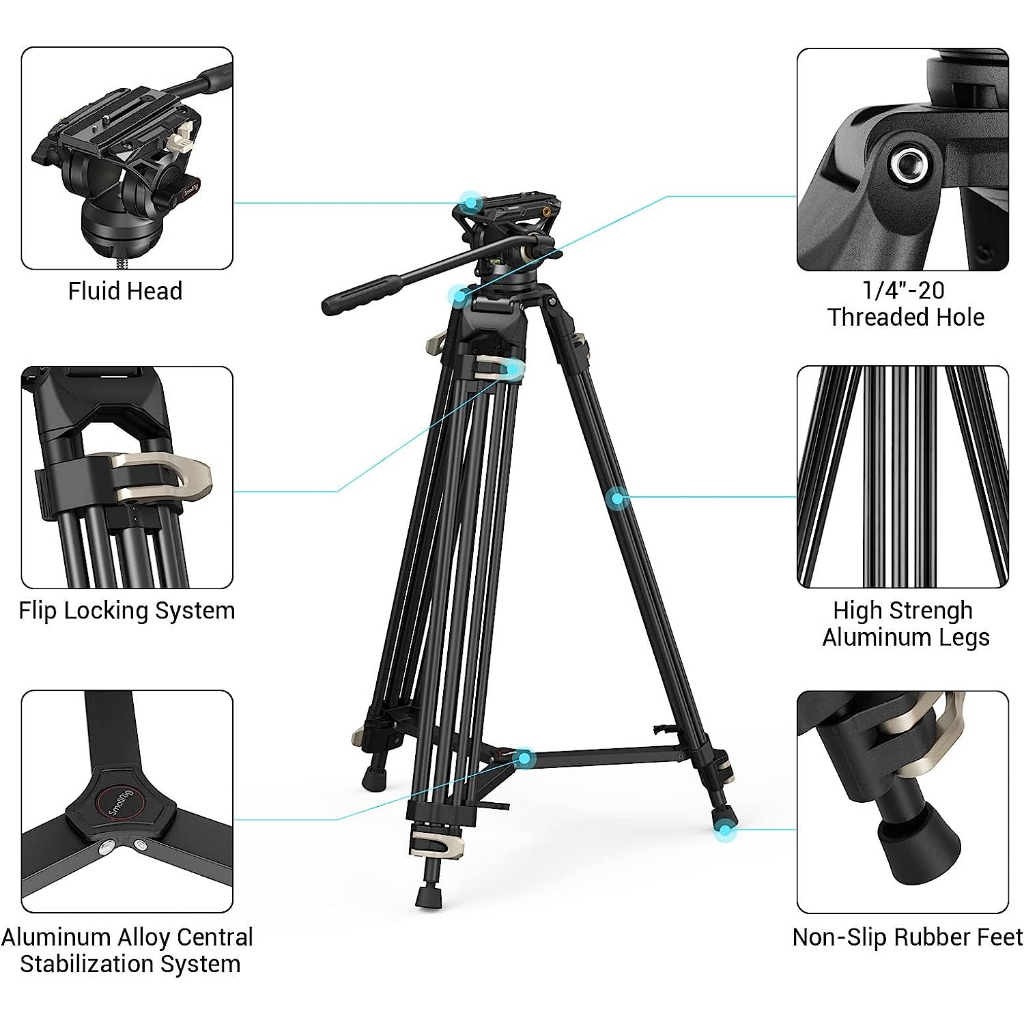 SmallRig AD-01 Video Tripod System, 73" Heavy Duty Tripod with 360 Degree Fluid Head and Quick Release Plate for DSLR, Camcorder, Cameras(3751B)