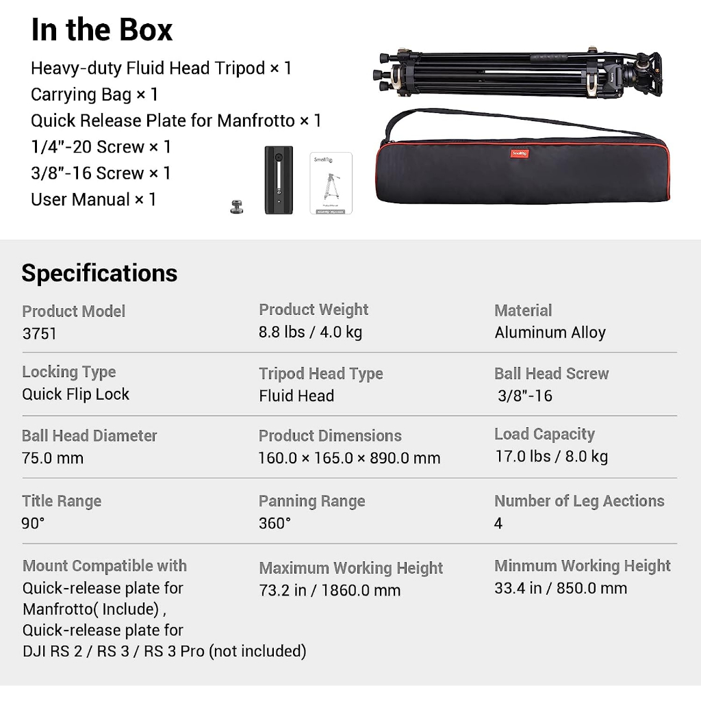 SmallRig AD-01 Video Tripod System, 73" Heavy Duty Tripod with 360 Degree Fluid Head and Quick Release Plate for DSLR, Camcorder, Cameras(3751B)
