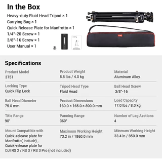 SmallRig AD-01 Video Tripod System, 73" Heavy Duty Tripod with 360 Degree Fluid Head and Quick Release Plate for DSLR, Camcorder, Cameras(3751B)