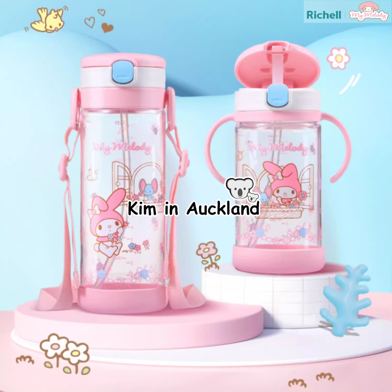 ถ้วยน้ำเด็ก Richell ของญี่ปุ่น Sanrio แบรนด์ร่วมถ้วยน้ำหลอดสำหรับเด็กของ Meruti ป้องกันการสำลักและป้องกันการรั่วสำหรับเด็กเรียนรู้การดื่มถ้วยขวดน้ำแบบพกพาสำหรับเด็กพร้อมถ้วยฟาง