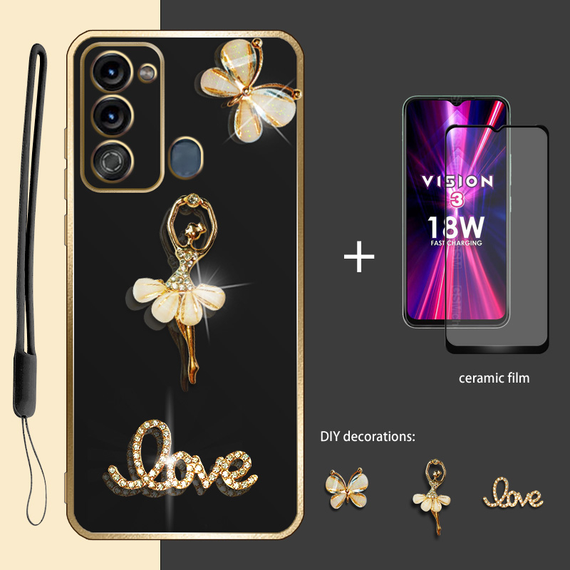 Glitter Diamond 3D สําหรับ Itel Vision 3 S661L S17 กรณีพร้อมตัวป้องกันหน้าจอฟิล์มเซรามิคและเชือกเส้น