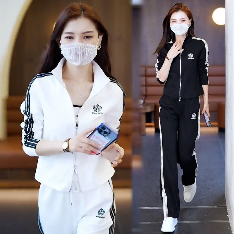 แจ็คเก็ตแขนยาวด้านบนกางเกงสองชิ้นชุดกีฬาลําลองสาวเสื้อผ้ากีฬาชุดลําลองผู้หญิงฤดูใบไม้ร่วงเสื้อผ้ายืนขึ้นปกเสื้อกันหนาวอารมณ์ตะวันตกแฟชั่นอายุ-