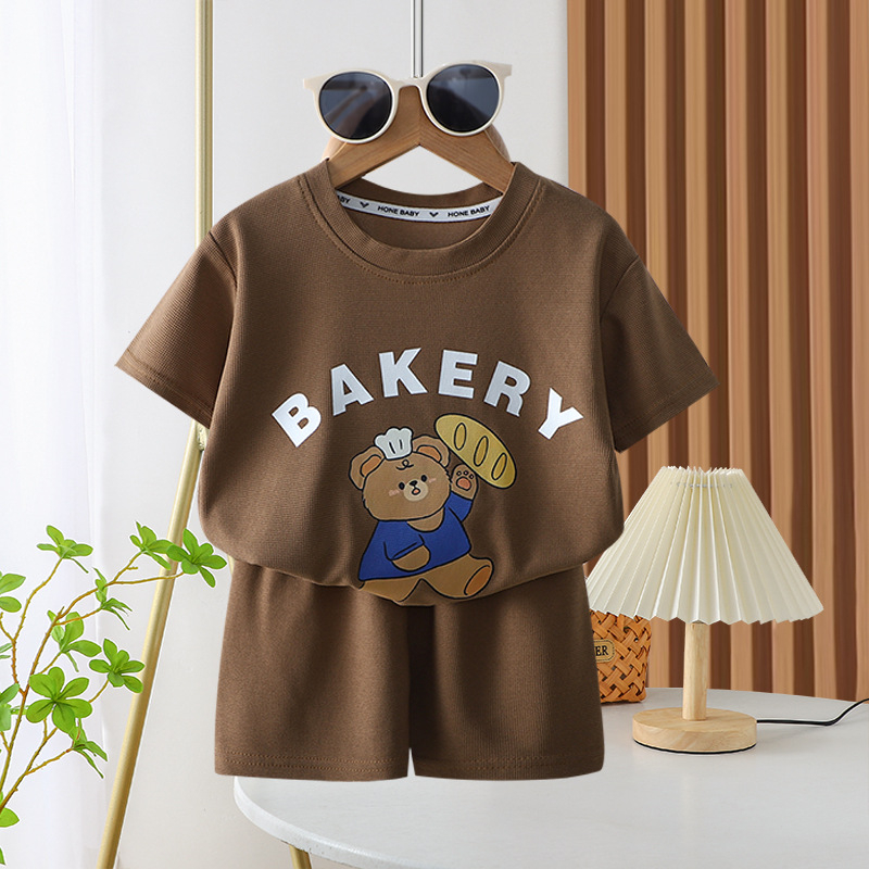  ชุดเสื้อเชิ้ต แขนสั้น กางเกงขาสั้น ลายหมี สีสดใส สําหรับเด็กทารก childrens T-shirt【Hippobaby17】