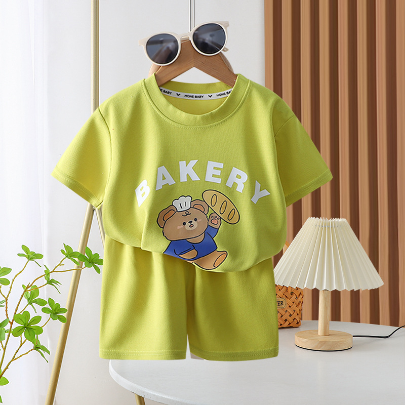  ชุดเสื้อเชิ้ต แขนสั้น กางเกงขาสั้น ลายหมี สีสดใส สําหรับเด็กทารก childrens T-shirt【Hippobaby17】