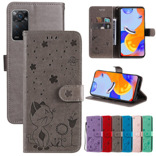 เคสโทรศัพท์หนัง PU นิ่ม ฝาพับ ลายดอกไม้ แมว พร้อมช่องใส่บัตร หรูหรา สําหรับ Xiaomi Redmi 10A 10C 10 5G Note 12 Pro 4G Note 11 Pro Note 11S Note 11E