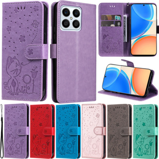 เคสโทรศัพท์หนัง PU นิ่ม ฝาพับ ลายดอกไม้ แมว พร้อมช่องใส่บัตร ตั้งได้ สําหรับ Huawei Honor X6 5G Honor X7 Honor X8 Honor X9 nova 9 SE Honor 50 Lite