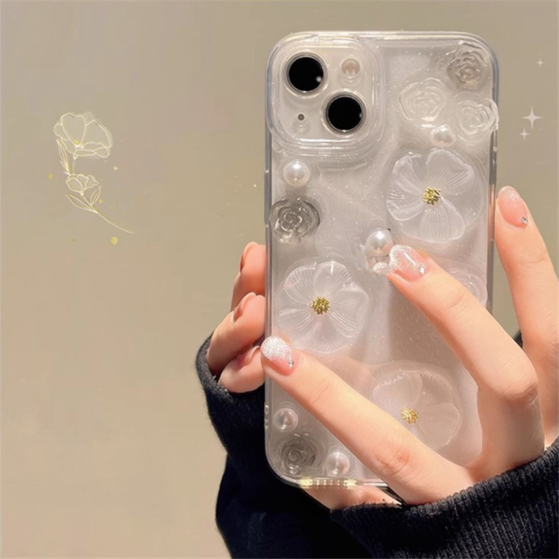 เคสโทรศัพท์มือถือ TPU นิ่ม ปิดด้านหลัง ลายดอกไม้ 3D แต่งกลิตเตอร์ฟอยล์ ไข่มุก สไตล์เรโทร สําหรับ IPhone 16 15 14 Pro Max 13 12 11 Pro Max X XR 8 7 Plus Ultra