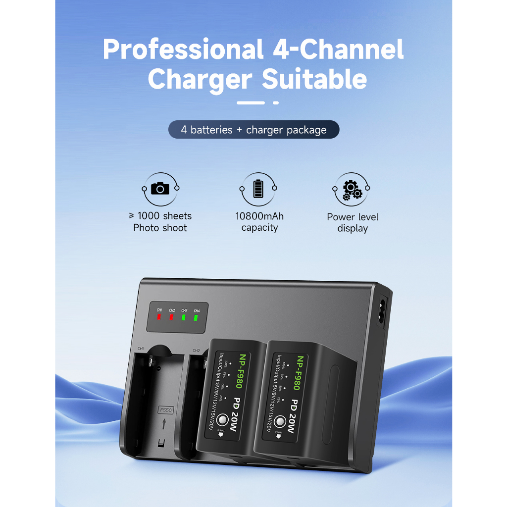 ที่ชาร์จแบตเตอรี่กล้อง 4 ช่อง สําหรับ Sony NP-F980 F970 F960 F750 F570 F550 FM50 NX80 MC2500 NC88