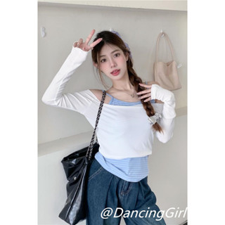 💜Dancinggirl💚⭐️เซตเสื้อสายเดี่ยว ลายทาง สีฟ้าหวาน แฟชั่นเกาหลี + เสื้อยืดแขนยาว สีขาว ลําลอง สองชิ้น สําหรับผู้หญิง