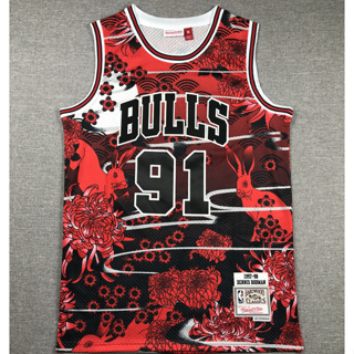 เสื้อกีฬาบาสเก็ตบอล ปักลายกระต่ายปีใหม่ Chicago Bulls 91 Dennis Rodman สีแดง สําหรับผู้ชาย