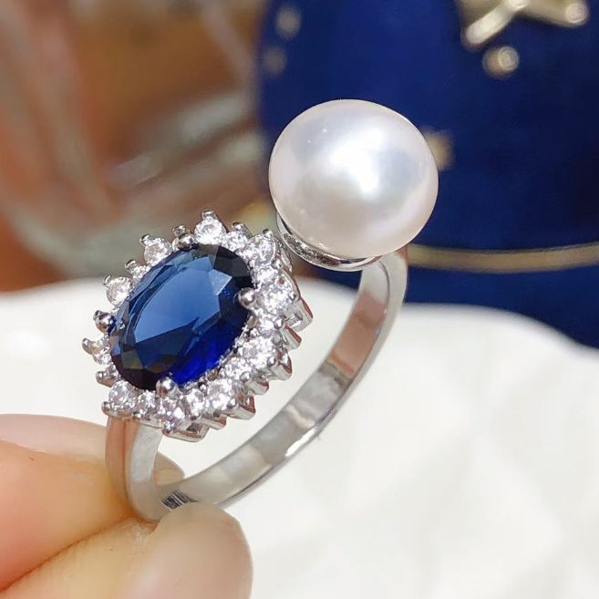 แหวนมุกน้ําจืดธรรมชาติ ขนาด 8-9 มม. สีแซฟไฟร์