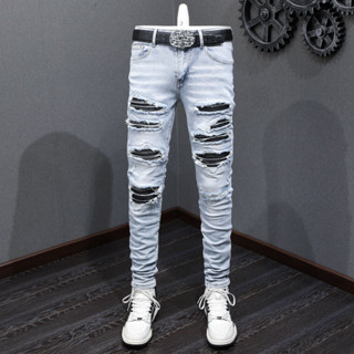 TRENDAMIRI Street Fashion Hip Hop Men Jeans Vintage Light Blue Tight Leather Patch Hip Hop Men Denim Pants