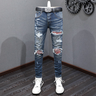 TRENDAMIRI High quality street fashion men jeans Vintage blue tight red print patch button placket hip-hop style men jeans