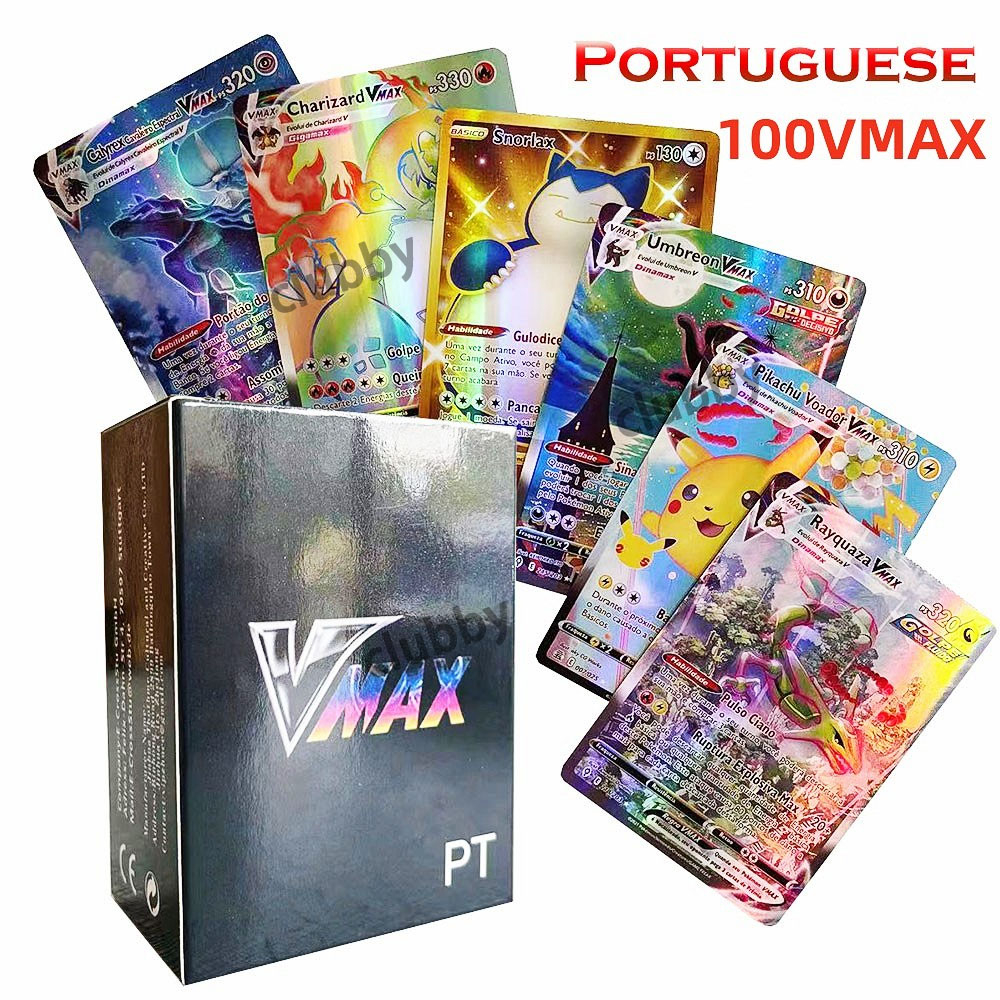 100ชิ้นการ์ดโปเกมอน Vmax Shiny Rayquaza/Umbreon การ์ดอนิเมะภาษาอังกฤษ/โปรตุเกส TCG บูสเตอร์ของเด็กของนักเล่นลูกชาย