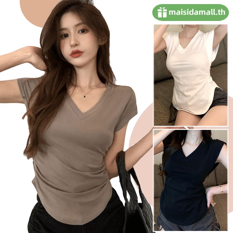 พร้อมส่ง MSD เสื้อรัดรูป งานเรียบๆสีพื้นๆ ผ้านิ่มยืดใส่สบาย สำหรับผู้หญิง เสื้อยืดลำลองคอวี เสื้อยืดลำลอง