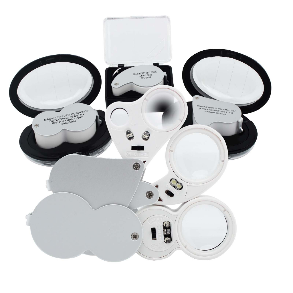 แว่นขยาย Loupe ตาแบบพับได้พร้อมแว่นขยาย 30X, 40X, และ 60X, ไฟ LED สว่างสําหรับอัญมณี, เครื่องประดับ, เหรียญ, แสตมป์, และอื่นๆ