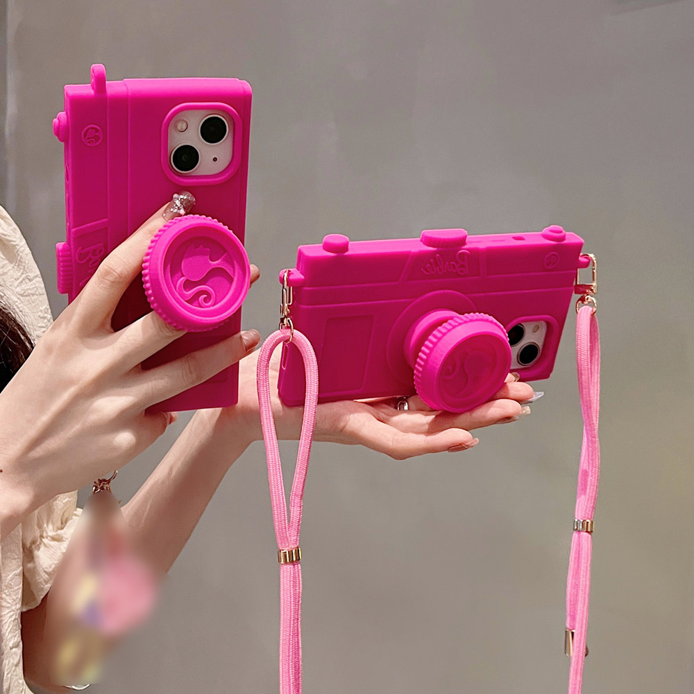 เคสโทรศัพท์มือถือ ซิลิโคนนิ่ม ลายกล้องบาร์บี้ 3D พร้อมตัวยึดถุงลมนิรภัย สําหรับ Iphone 11 12 13 14 15 Pro max