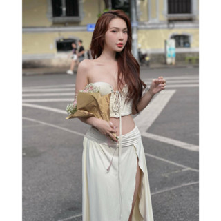 Hannie- ผู้หญิง ฤดูร้อน ชุดสายไขว้ สีพื้น สั้น เสื้อกล้าม หรือเซ็กซี่ ส้อมสูง จีบ กระโปรงยาว ชุดฤดูร้อน